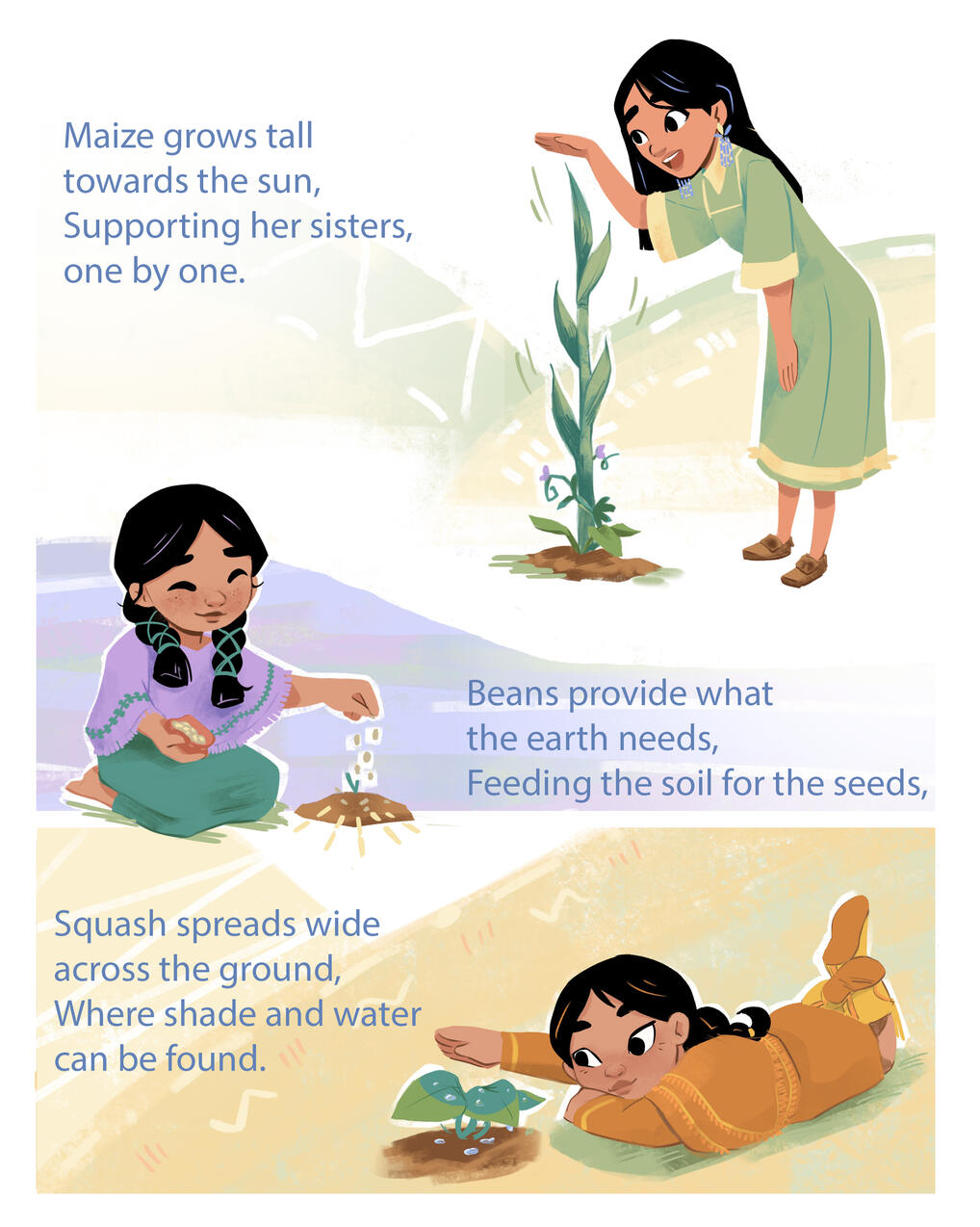 An illustrated page featuring a story of three sisters planting in rhyme, alongside images of girls interacting with the plants maize, beans, and squash.