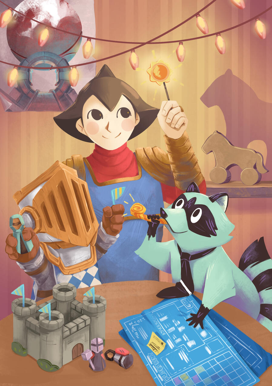 Card design for Raccoon Business, featuring characters from projects they've worked on.