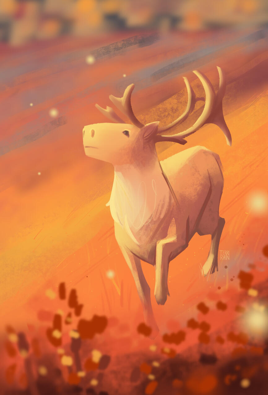 A digital illustration of a caribou on a vibrantly coloured hillside, with red and orange vegetation.