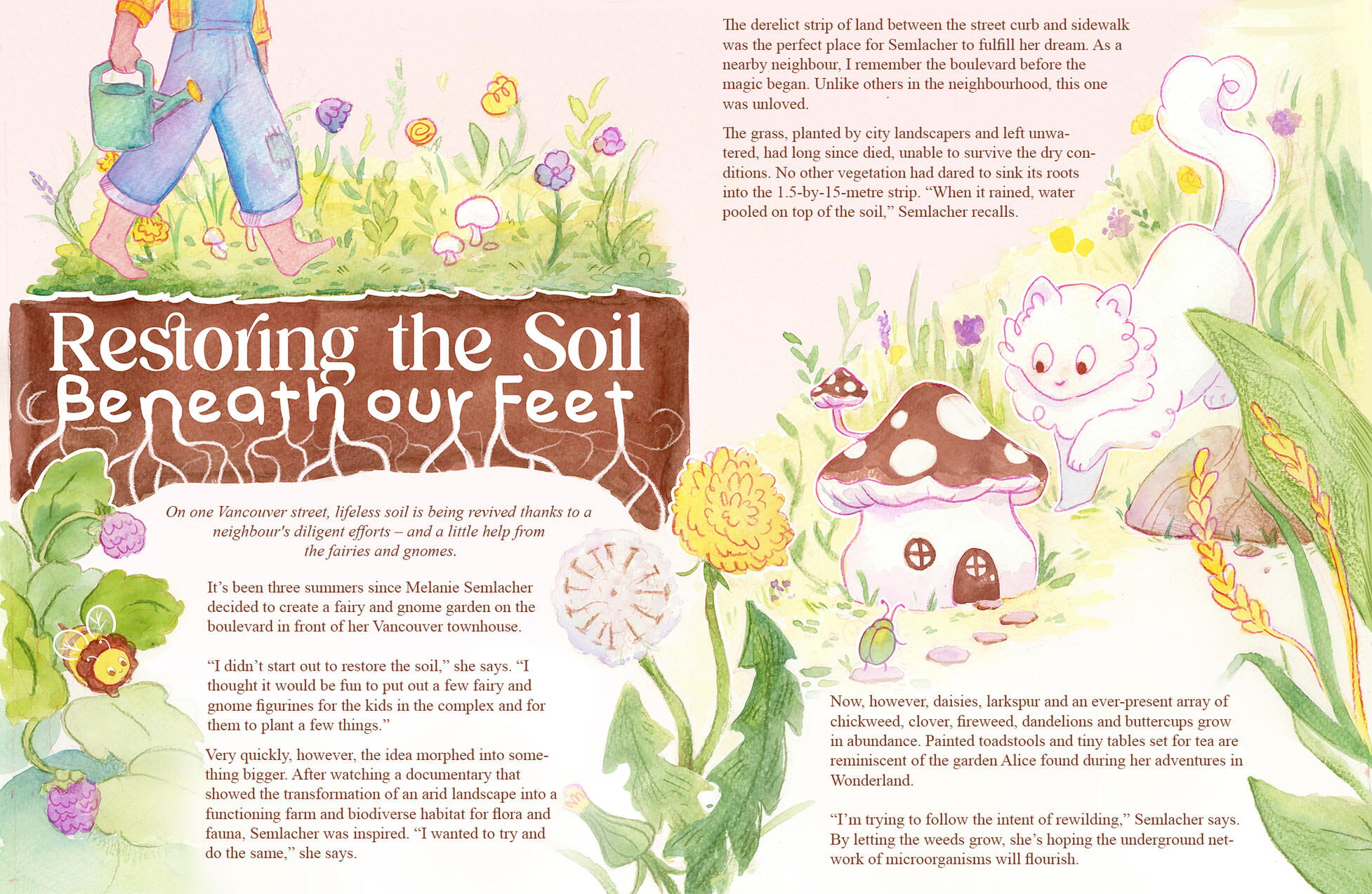 Restoring the Soil illustrated page from an independent magazine project, Boreal, done in watercolour.