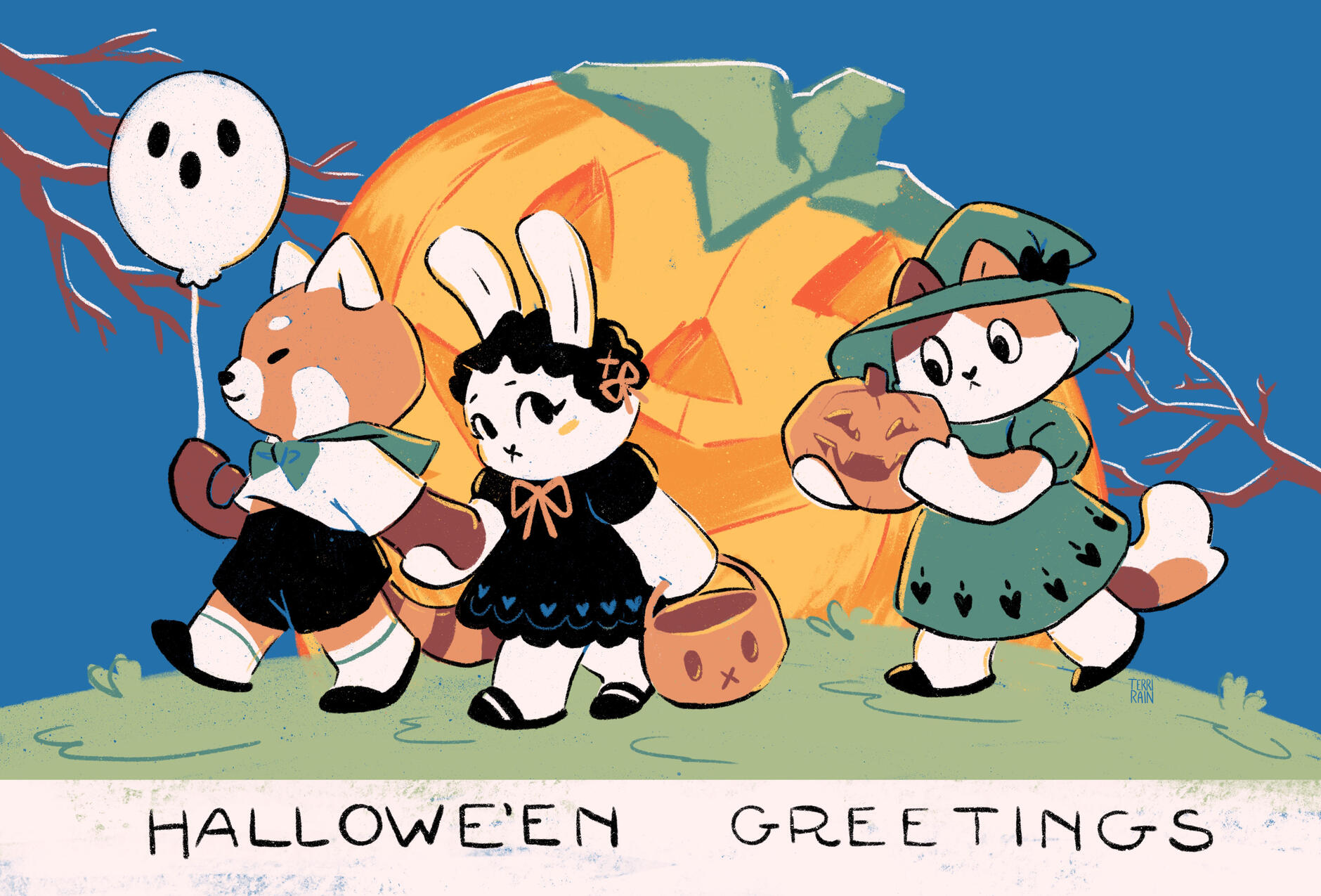 Three cartoon animals wearing costumes walking at night, with large pumpkin in the background.